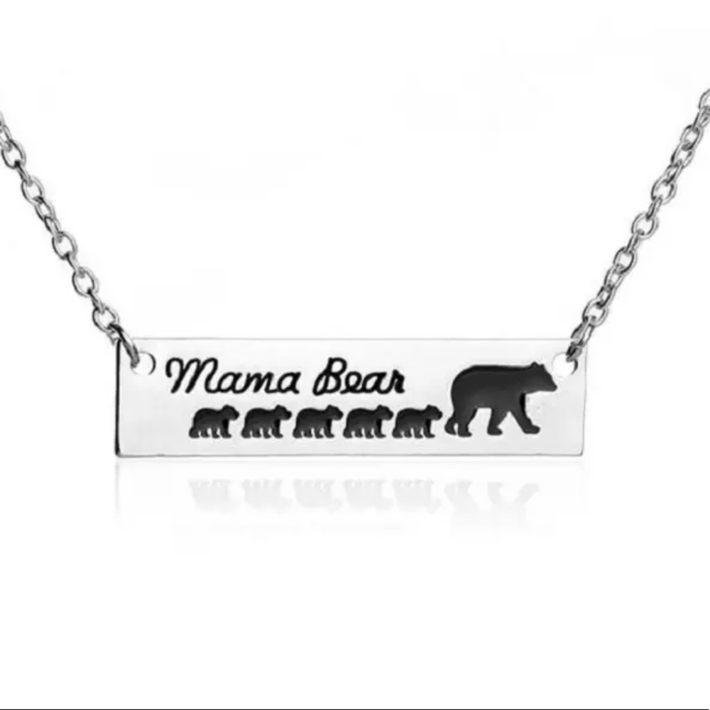 Mama Bear and Cubs Silver Bar Pendant Necklace - Picture 6 of 8